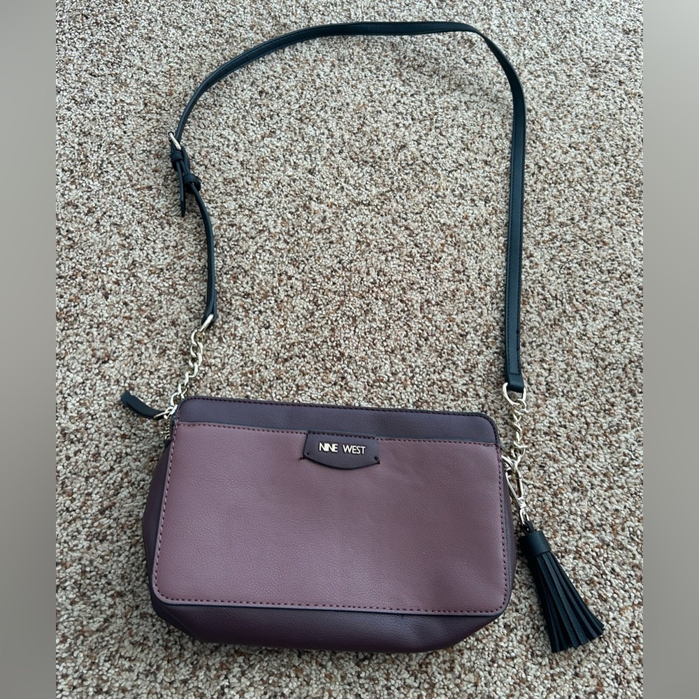 Nine West Plum Crossbody Bag Purple Leather Tassel Adjustable Strap - Picture 12 of 13